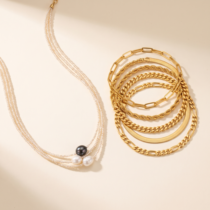 Bundle: Vintage Style Pearl Necklace + 5-Piece Gold Bracelet Set