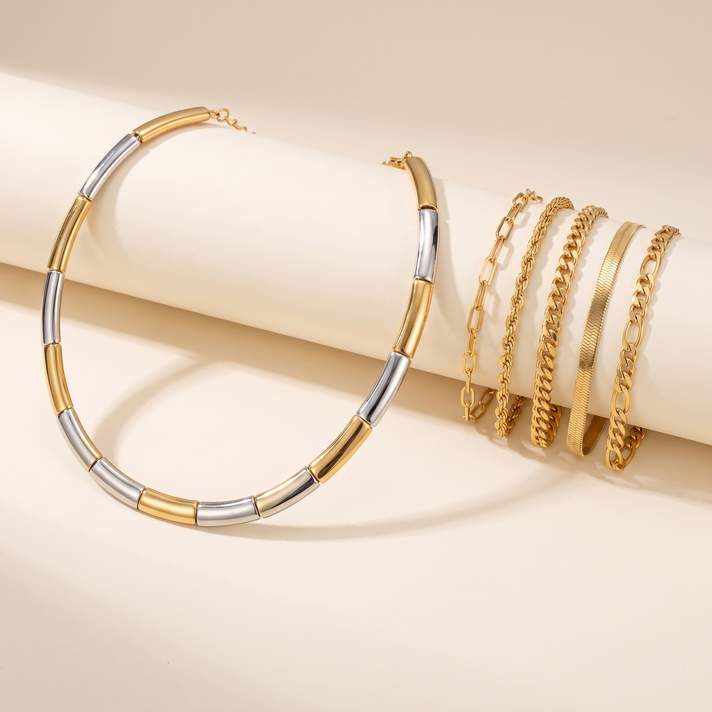 Bundel: Armbandenset 5 stukken in goud + Elegante Gouden en Zilveren Kraag
