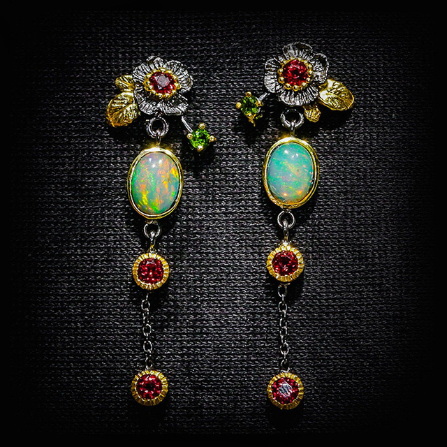 Boho Earrings with Opal and Red Cubic Zirconia