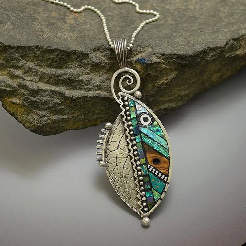 Vintage Zilveren Collier met Groene Blad en Kristallen