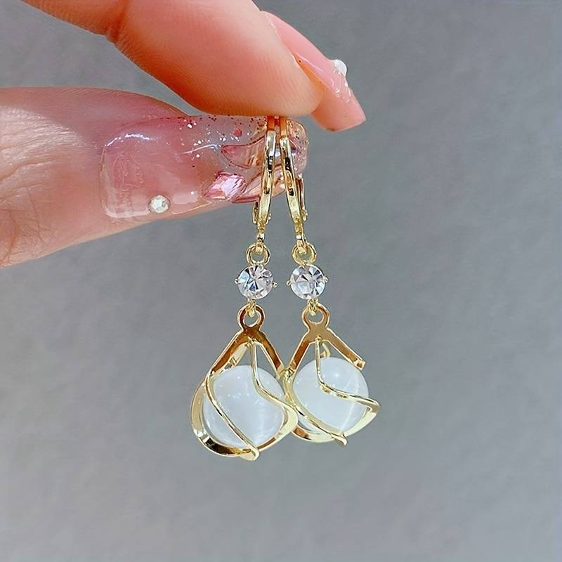 Gold Hanging Earrings with White Opal