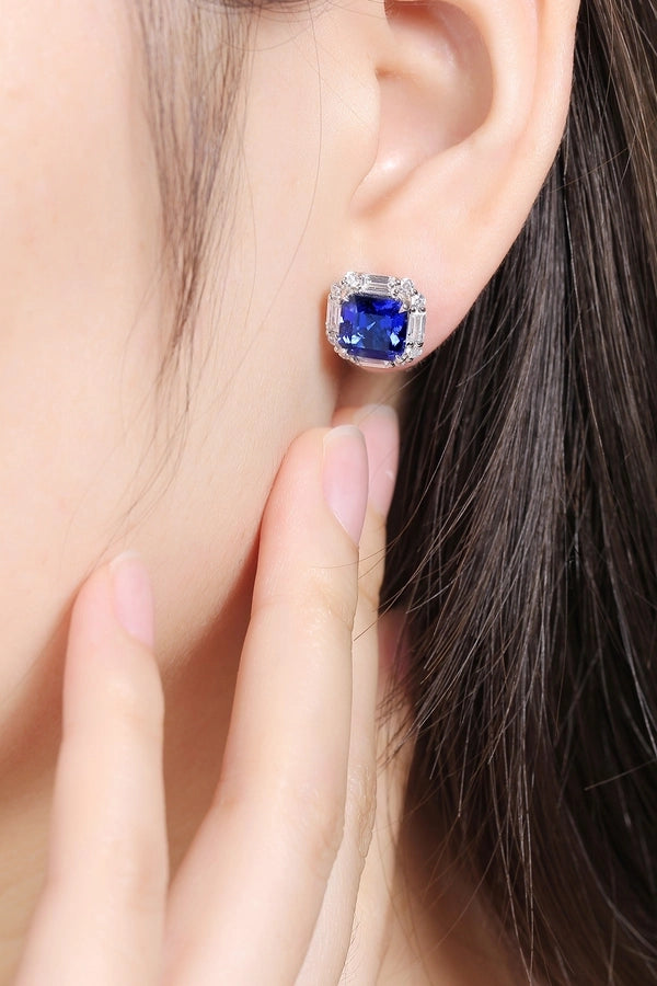 Elegant Square Asscher Cut Stud Earrings, Sapphire