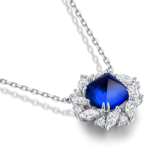 Elegant Flower Silver Pendant Necklace, Sapphire and Zircon