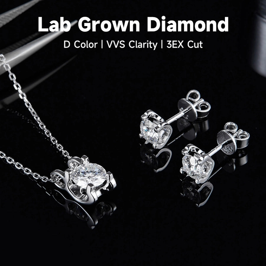 S925 Sterling Silver Rhodium Plated Inlay Round Lab-grown Diamonds Earrings Necklace