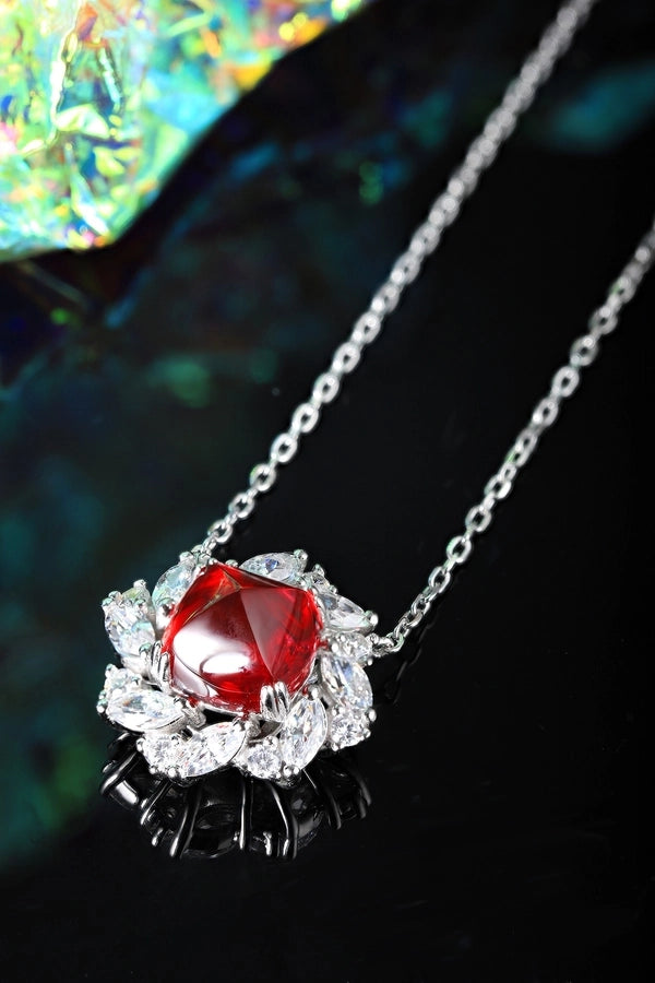 Shiny Leaf and Flower Pendant Necklace, Ruby