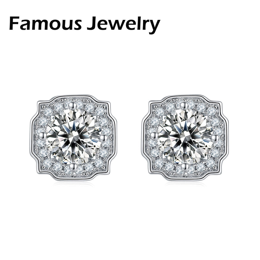 Sterling Silver Luxurious Round Square Lab-grown Diamonds Ear Studs