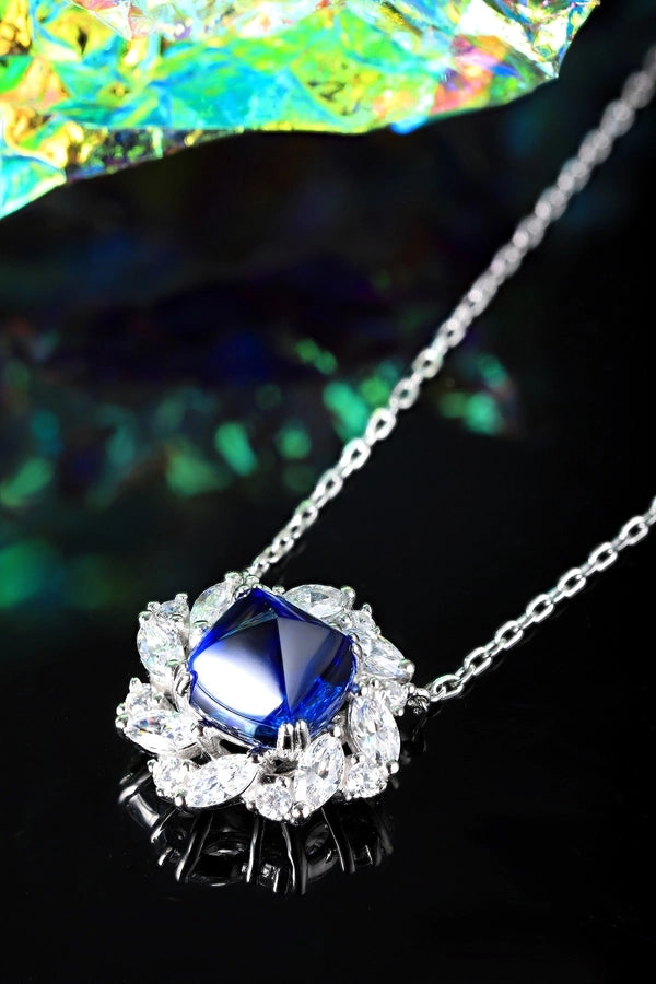 Elegant Flower Silver Pendant Necklace, Sapphire and Zircon