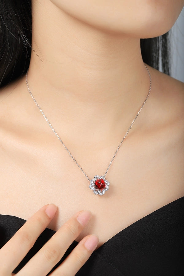 Shiny Leaf and Flower Pendant Necklace, Ruby