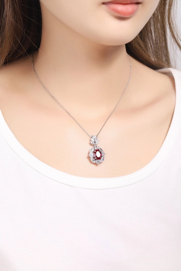 Oval Flower Pendant Necklace with Cultivated Ruby, 18K Gold Plated