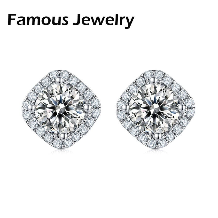 Sterling Silver Luxurious Round Square Lab-grown Diamonds Ear Studs