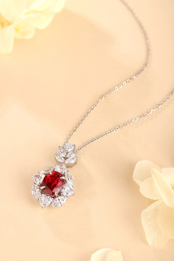 Oval Flower Pendant Necklace with Cultivated Ruby, 18K Gold Plated