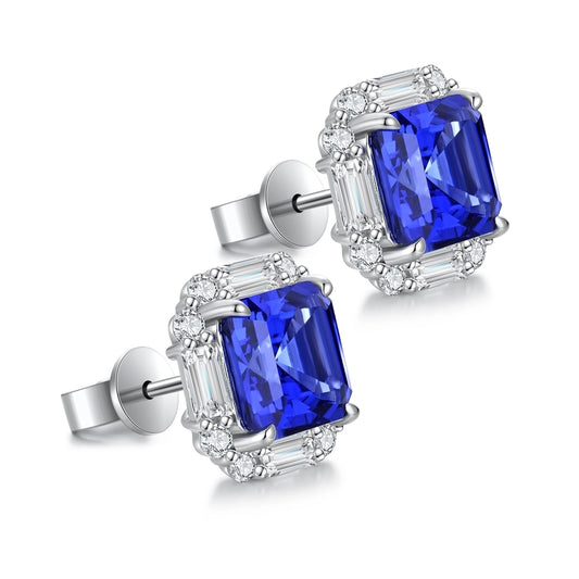 Elegant Square Asscher Cut Stud Earrings, Sapphire