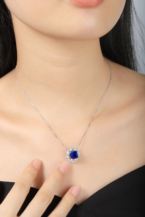 Elegant Flower Silver Pendant Necklace, Sapphire and Zircon