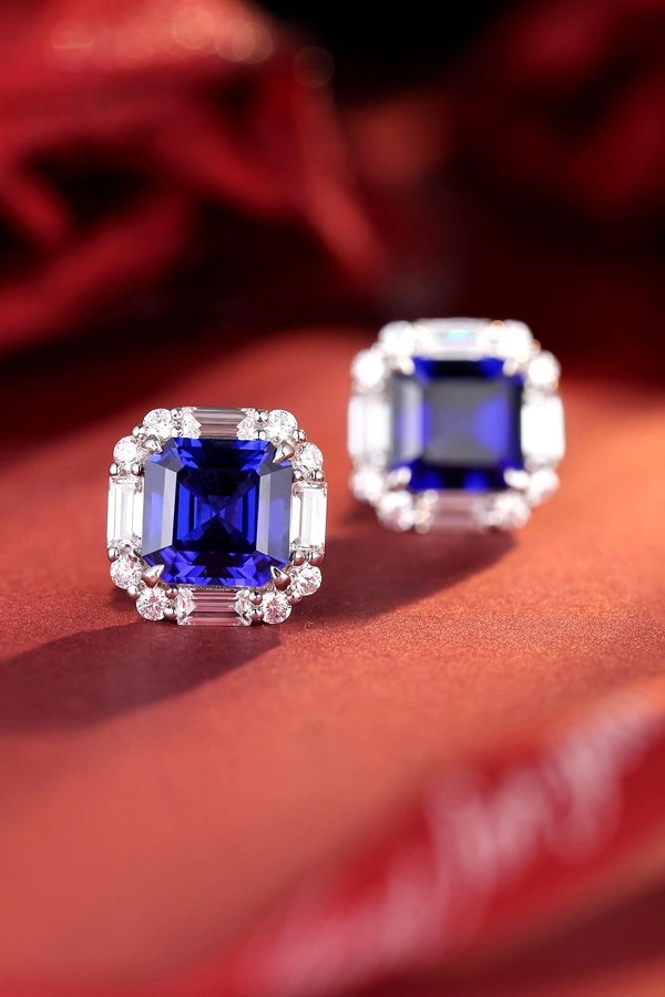 Elegant Square Asscher Cut Stud Earrings, Sapphire