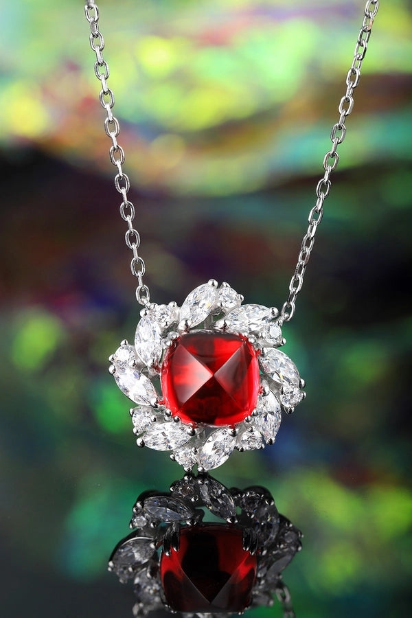 Shiny Leaf and Flower Pendant Necklace, Ruby