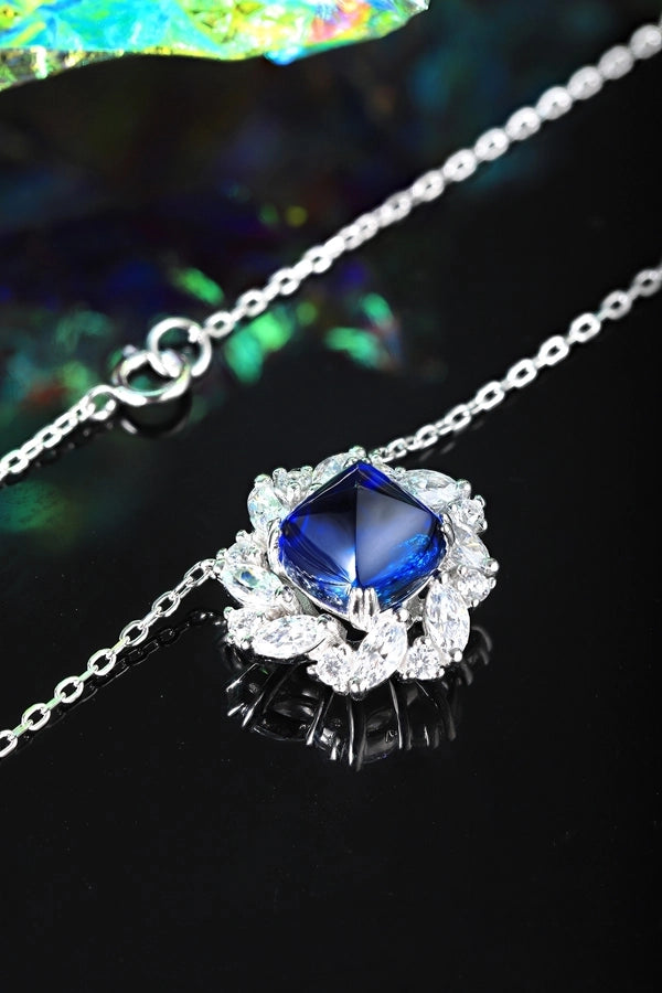 Elegant Flower Silver Pendant Necklace, Sapphire and Zircon