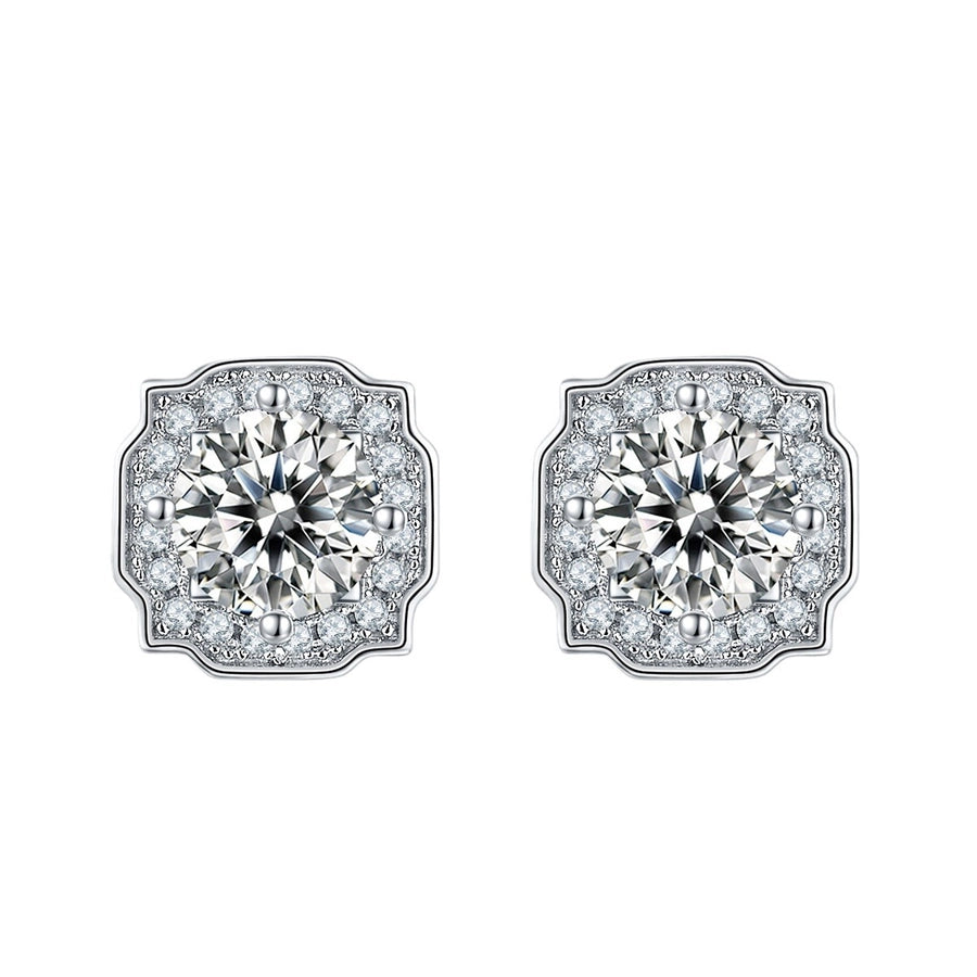 Sterling Silver Luxurious Round Square Lab-grown Diamonds Ear Studs