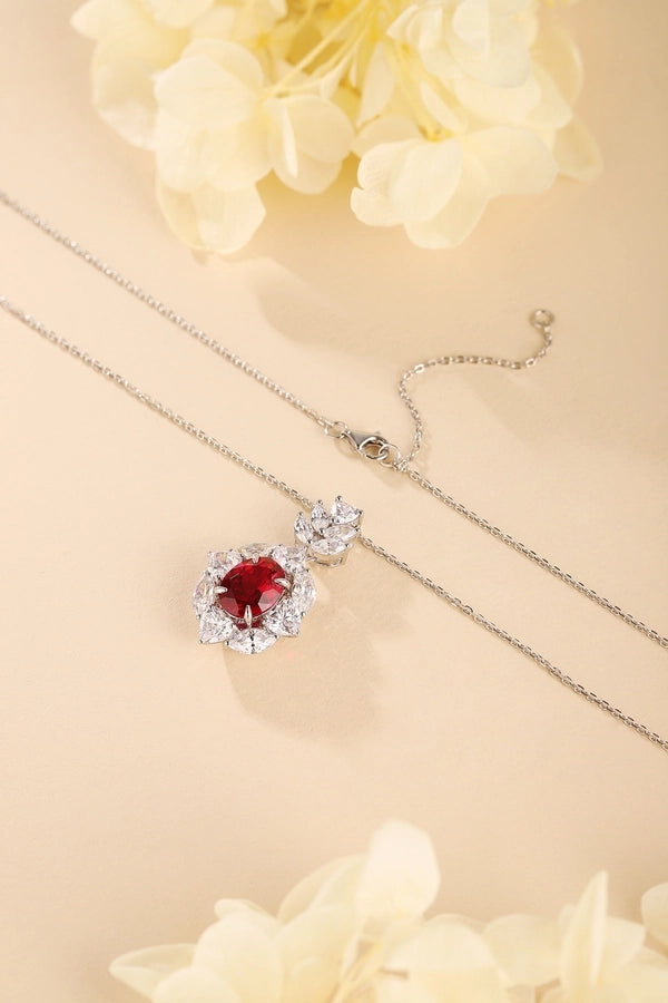 Oval Flower Pendant Necklace with Cultivated Ruby, 18K Gold Plated