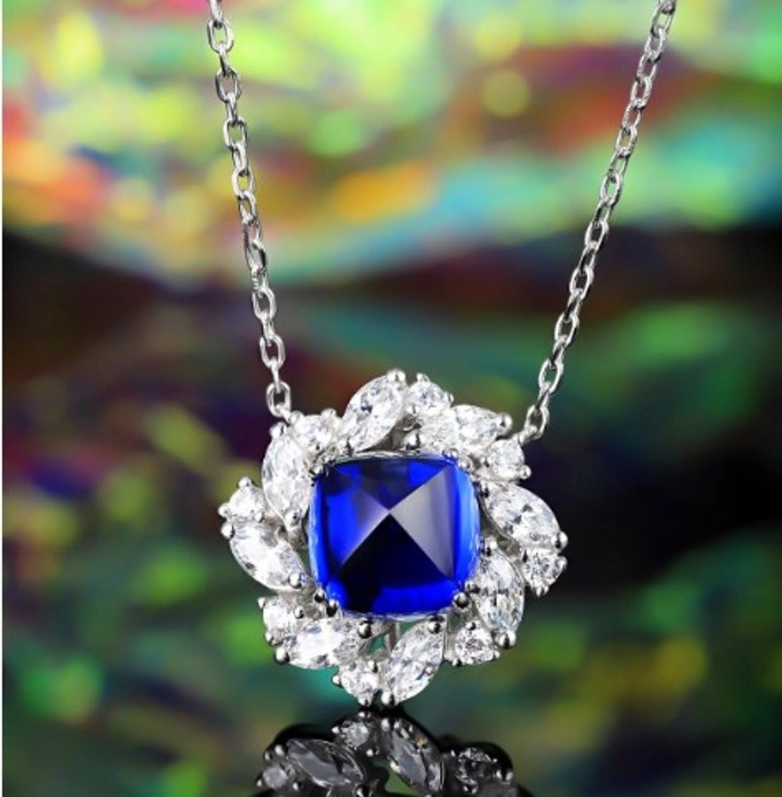 Elegant Flower Silver Pendant Necklace, Sapphire and Zircon