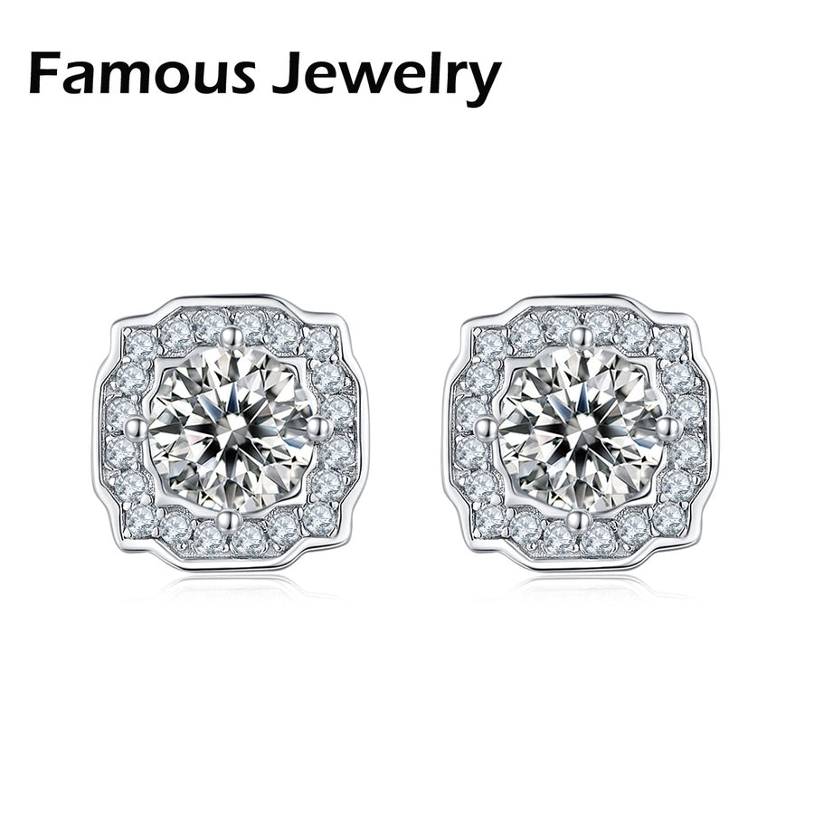 Sterling Silver Luxurious Round Square Lab-grown Diamonds Ear Studs