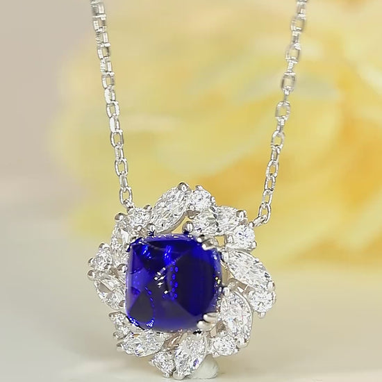 Elegant Flower Silver Pendant Necklace, Sapphire and Zircon, Blue