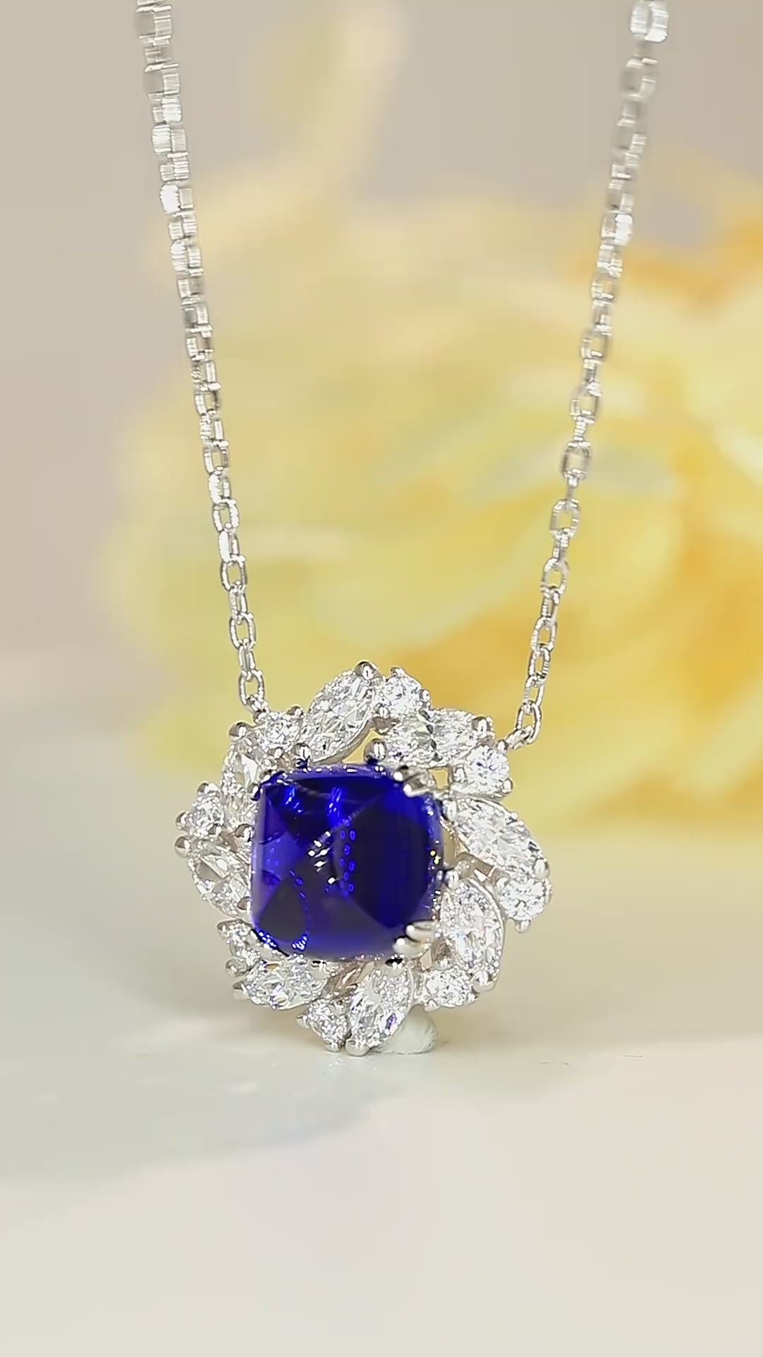 Elegant Flower Silver Pendant Necklace, Sapphire and Zircon, Blue