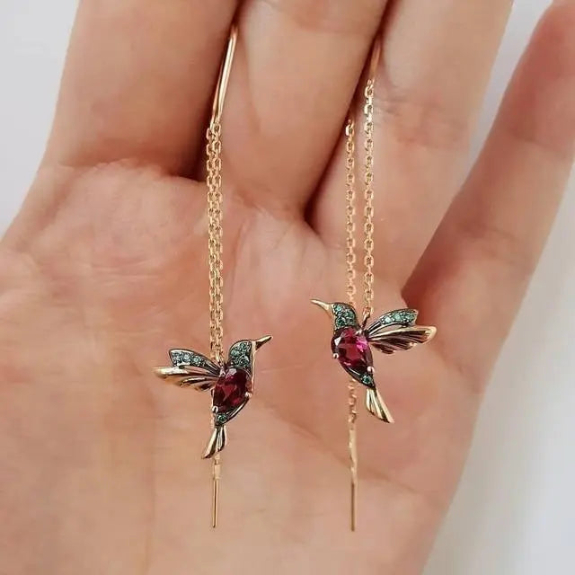 Wire Earrings with Hummingbird in Gold and Crystals