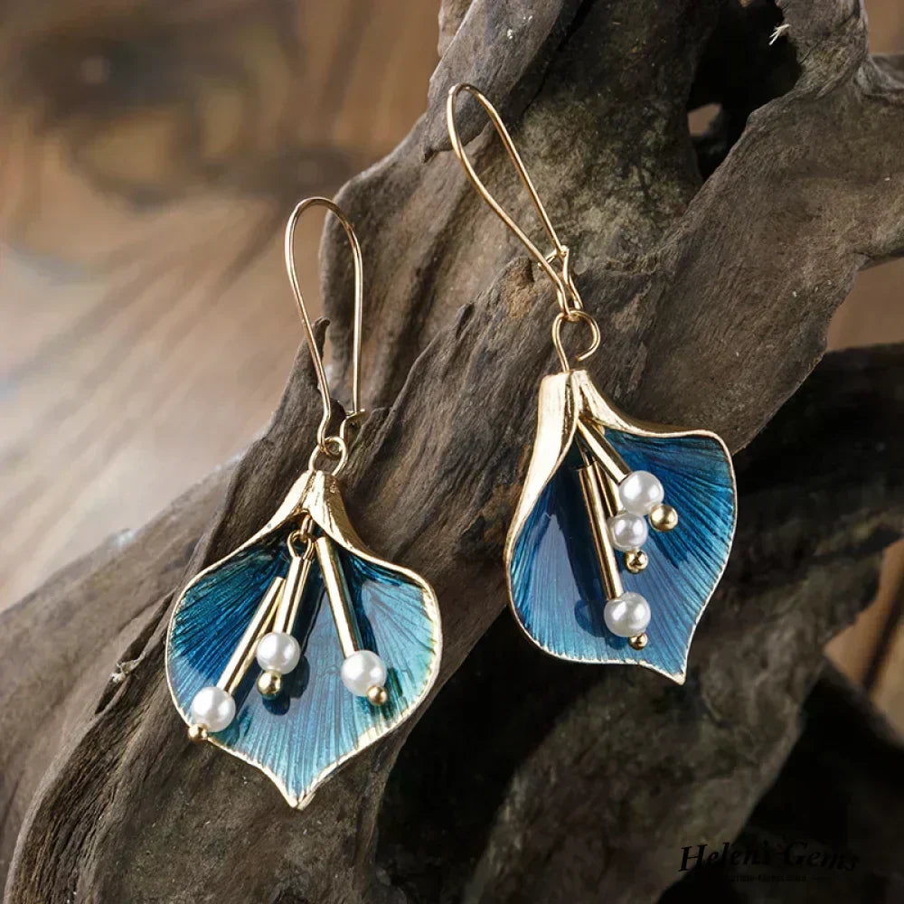 Gold and Blue Pearl Drop Earrings